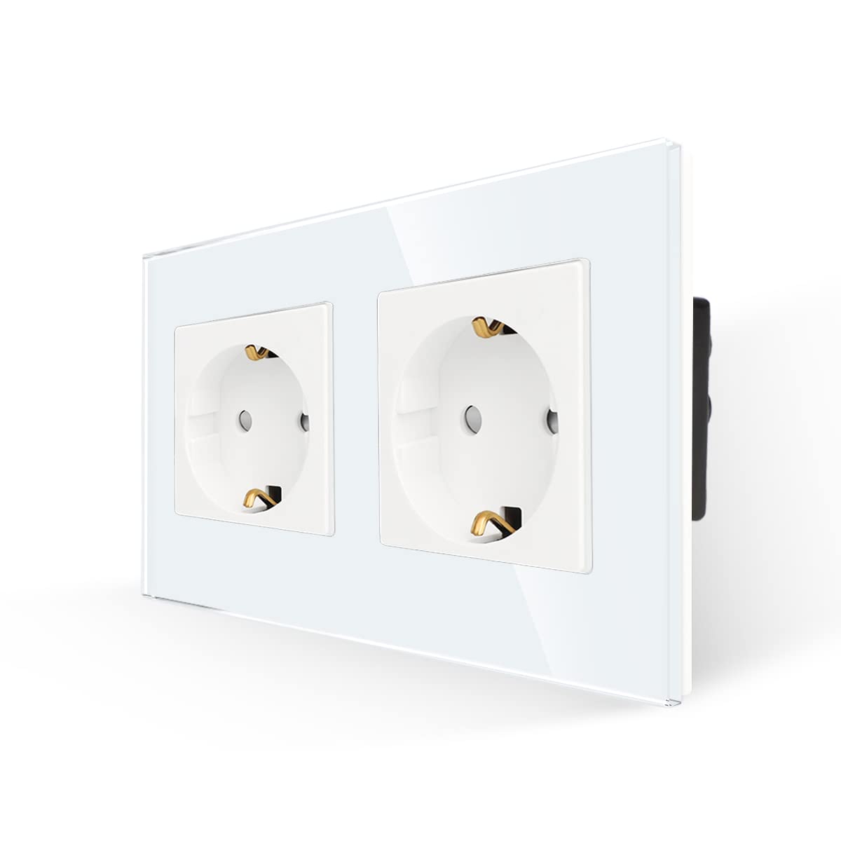 White 16A Glass Schuko Double Socket - Recessed Protective Outlet